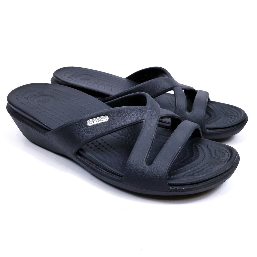 Crocs Women's Black Low Wedge Sandals Slides Size 9